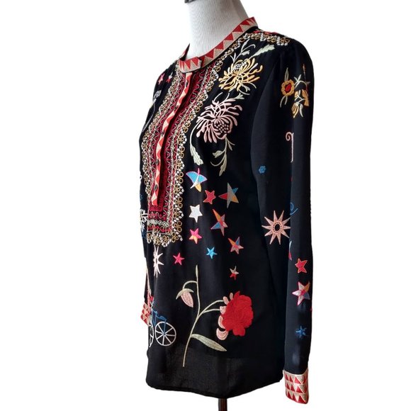 Coruja Womens Black Allover Colorful Embroidered 1/2 Button L/S Tunic Top M - Picture 2 of 12